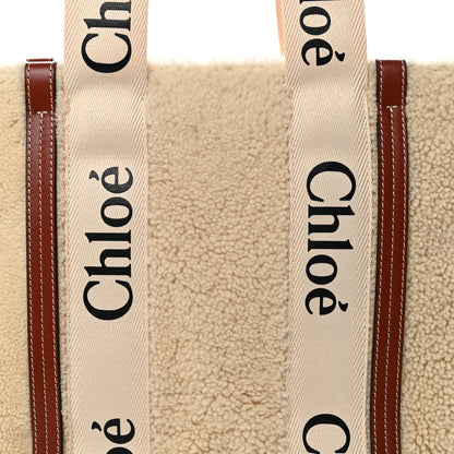 Chloe Shearling Calfskin Large Woody Ribbon Tote Mild Beige 8 of 10