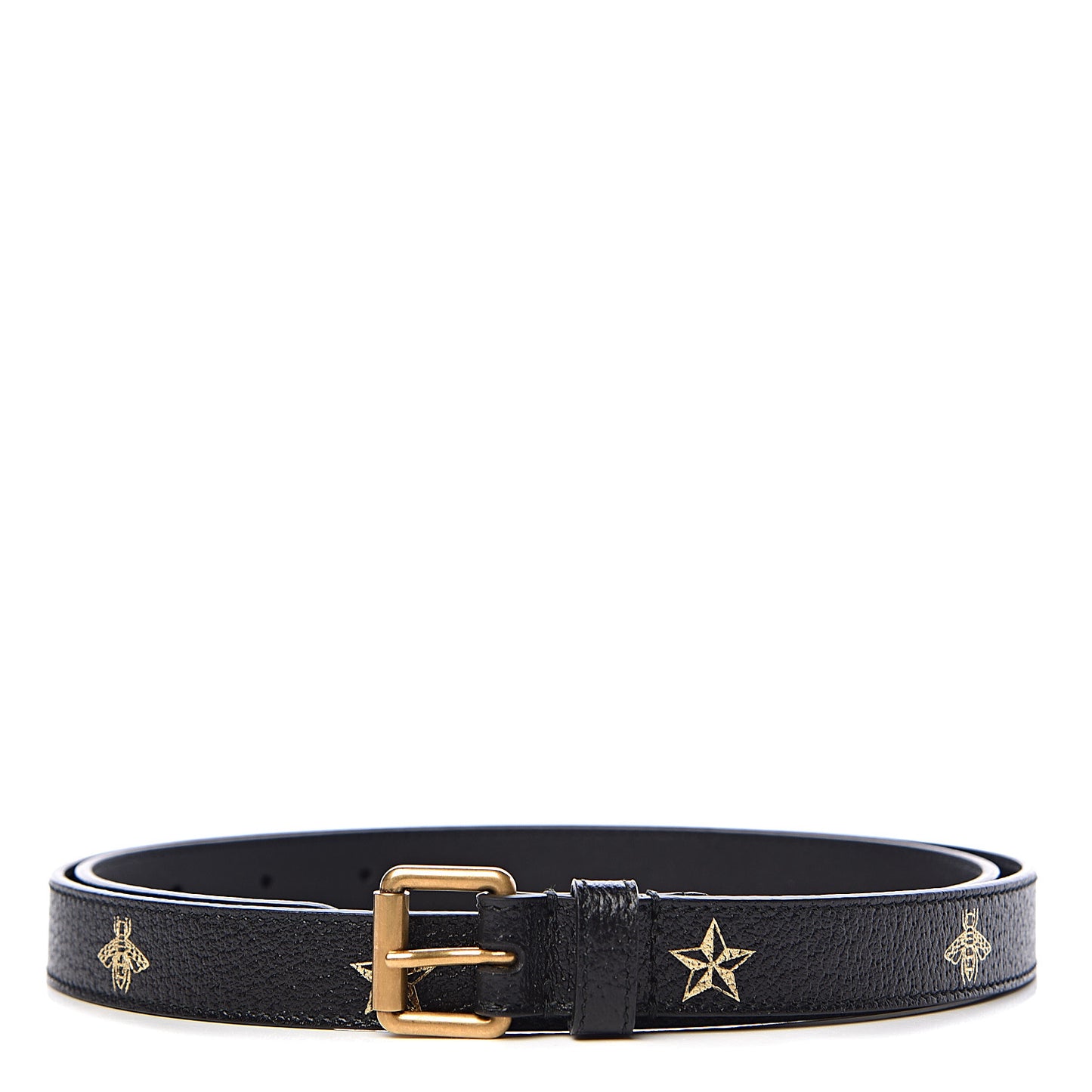 Textured Dollar Calfskin Bees And Stars Print Womens 20mm Belt 95 38 Black Gold