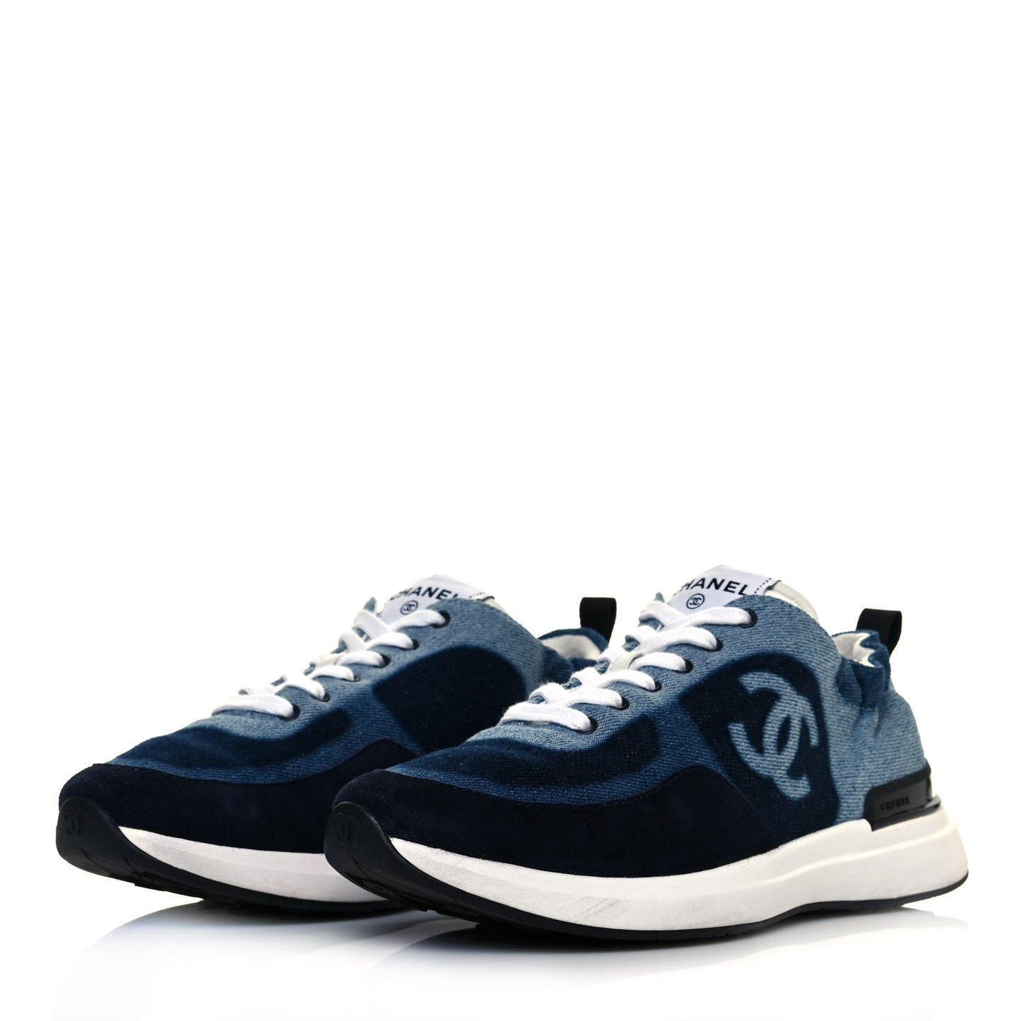 Denim Suede Calfskin Womens CC Sneakers 38 Dark Blue White Black