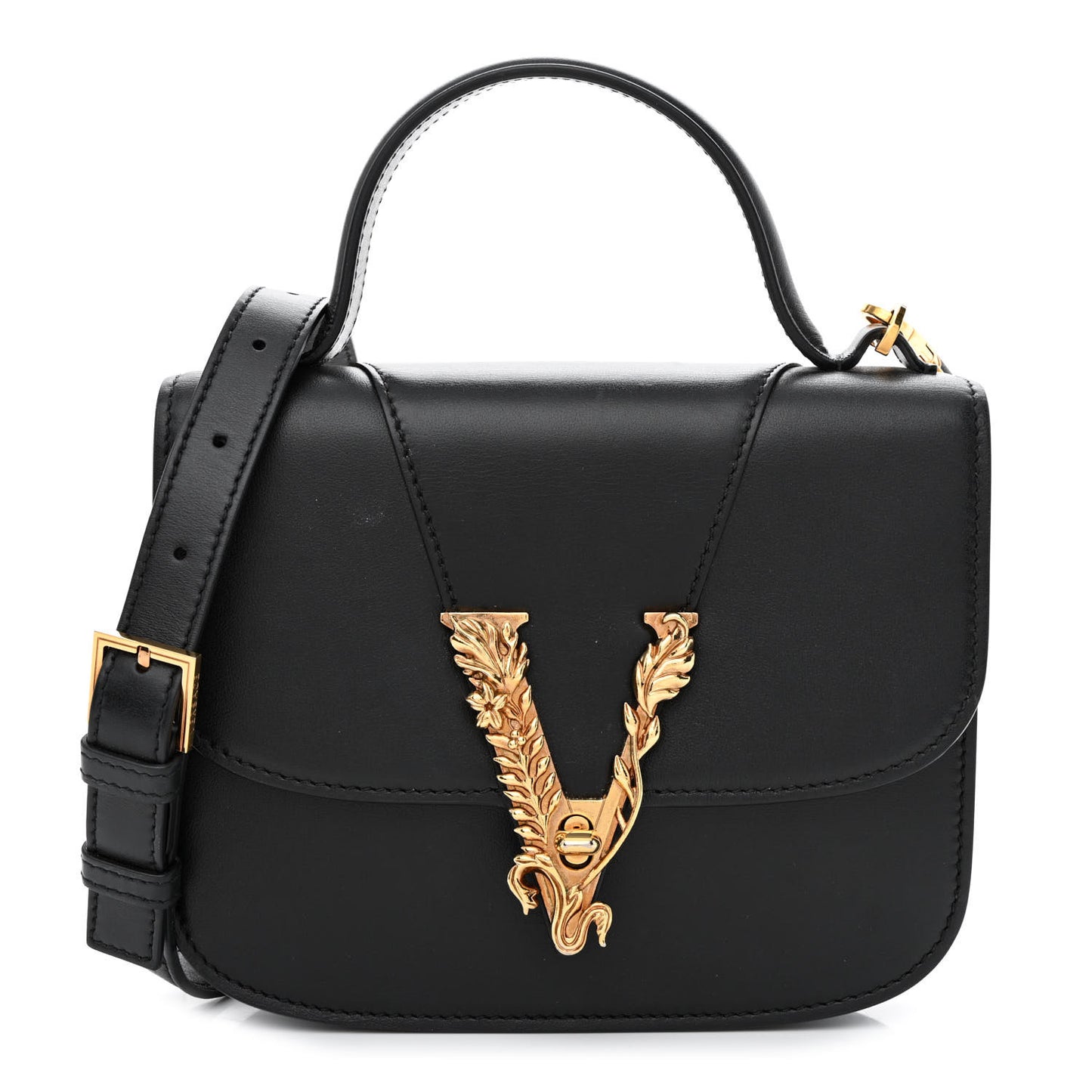 Vitello Barocco Virtus Small Top Handle Shoulder Bag Black