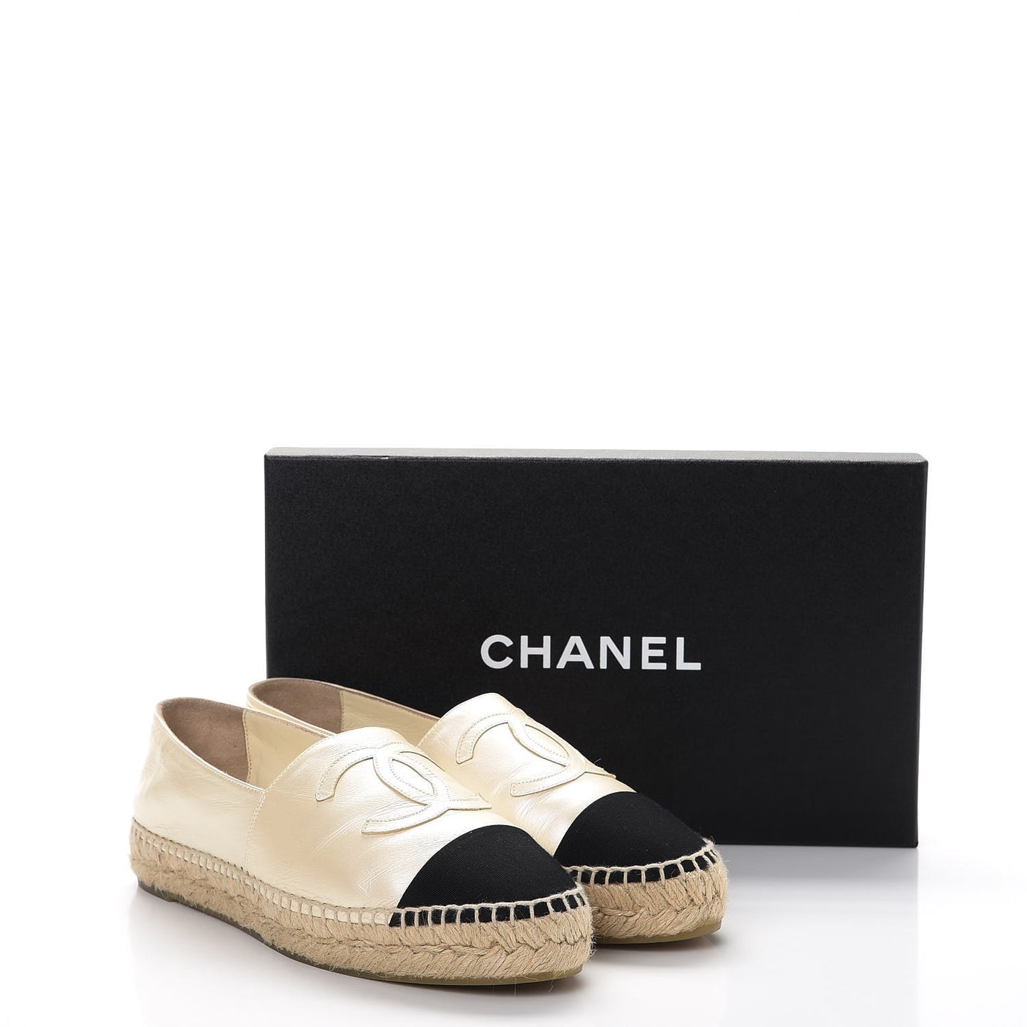 Metallic Calfskin Grosgrain CC Espadrilles 38 Ivory Black