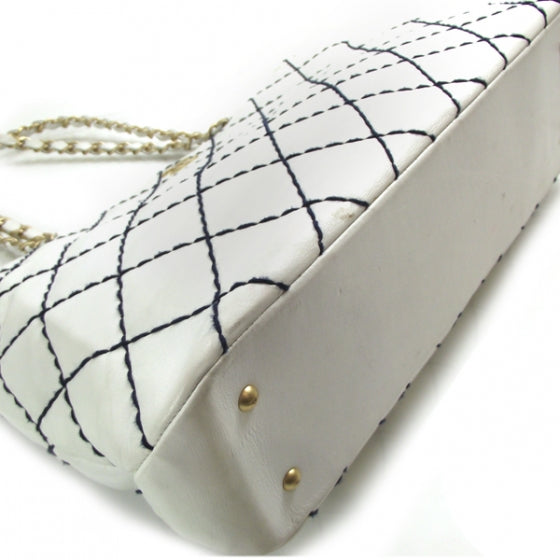 Lambskin Contrast Stitch Tote White