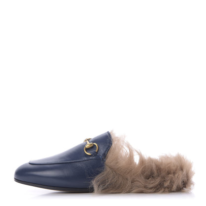 Gucci Malaga Kid Fur Womens Princetown Slippers 34.5 Blue Agata 1 of 9