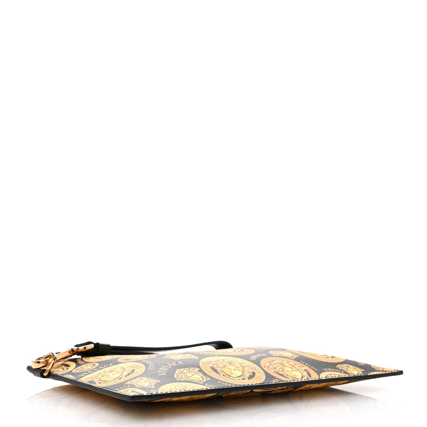 Calfskin La Medusa Print Wristlet Pouch Black Gold