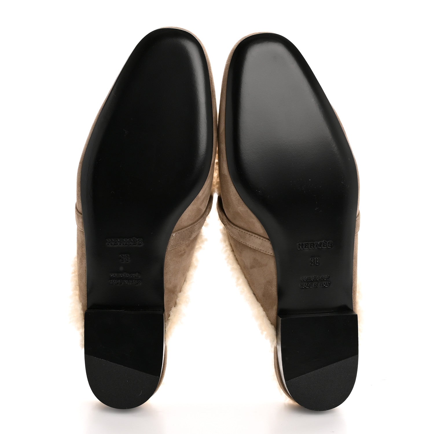 Hermes Suede Goatskin Shearling Womens Oz Mules 38 Etoupe Ecru 6 of 10