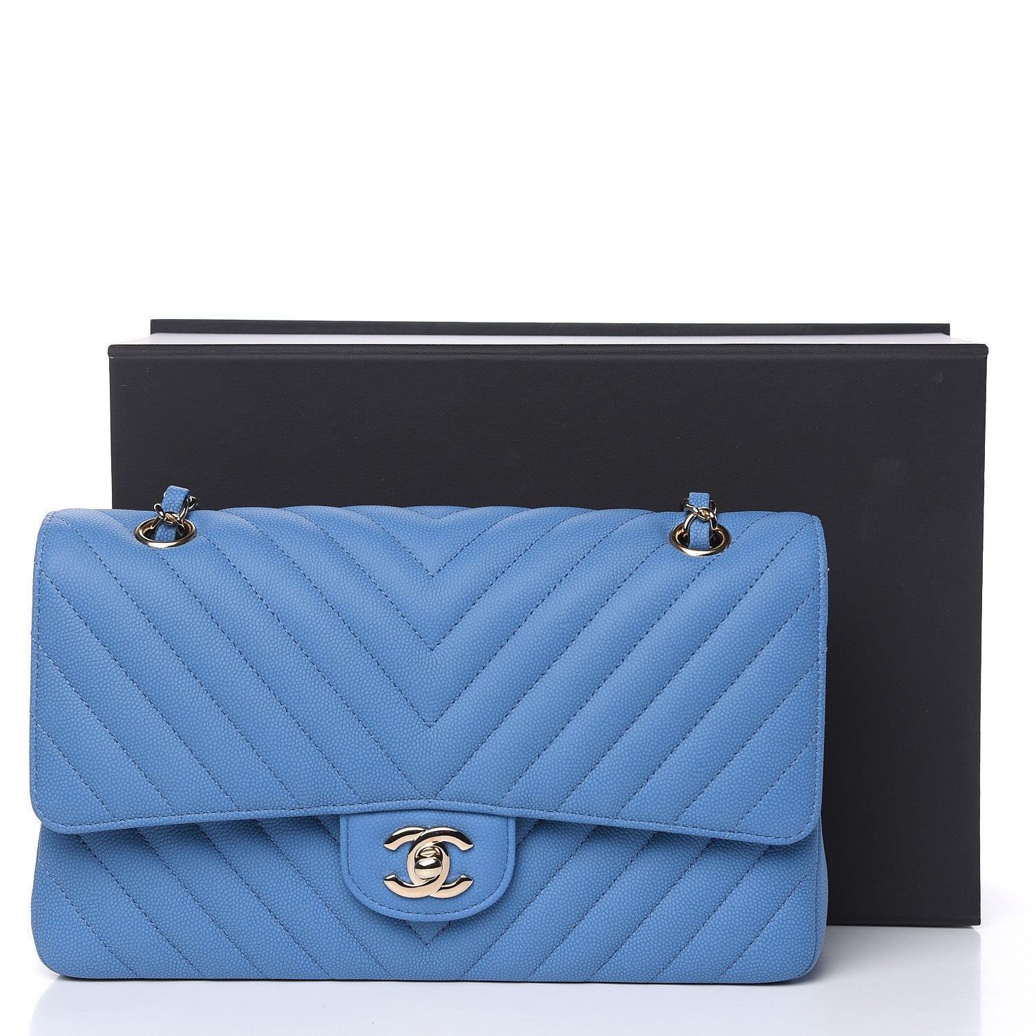 Chanel Caviar Flat Chevron Quilted Medium Double Flap Blue 10 of 10