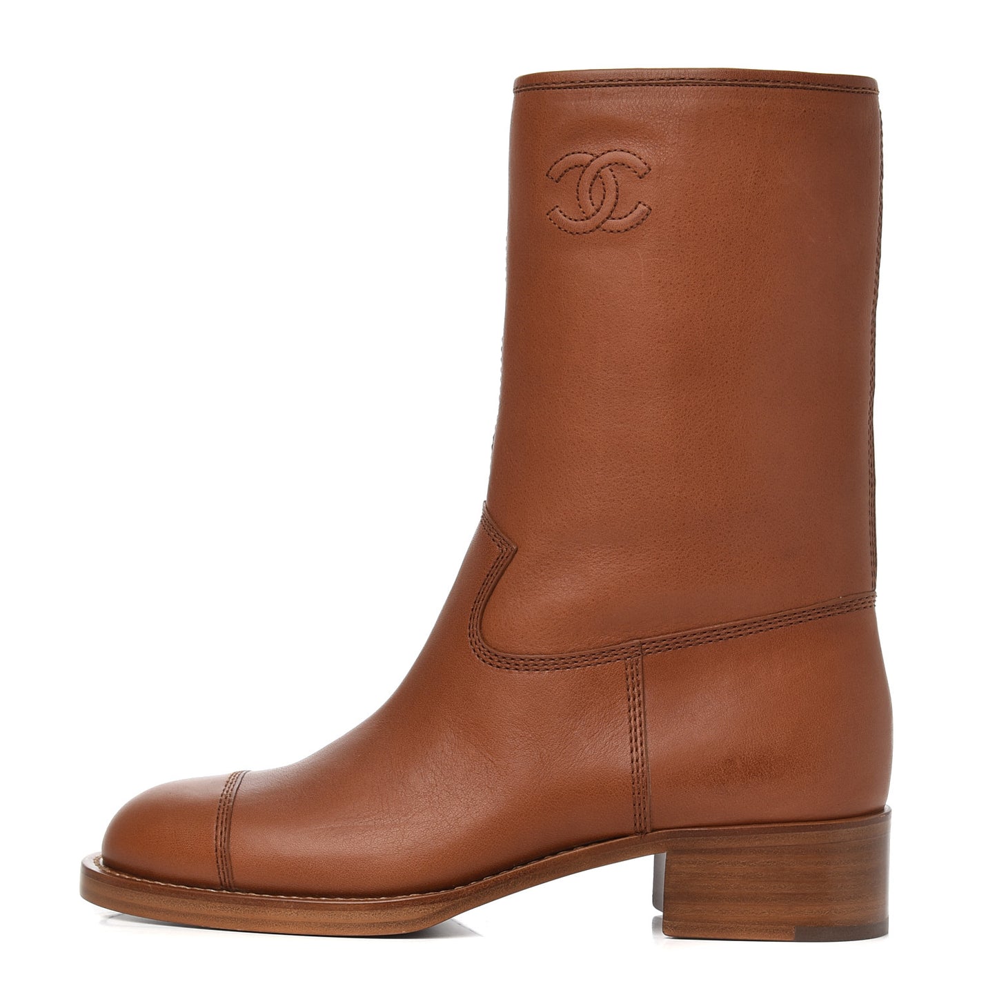 Calfskin CC Logo Mid Calf Boots 38 Caramel