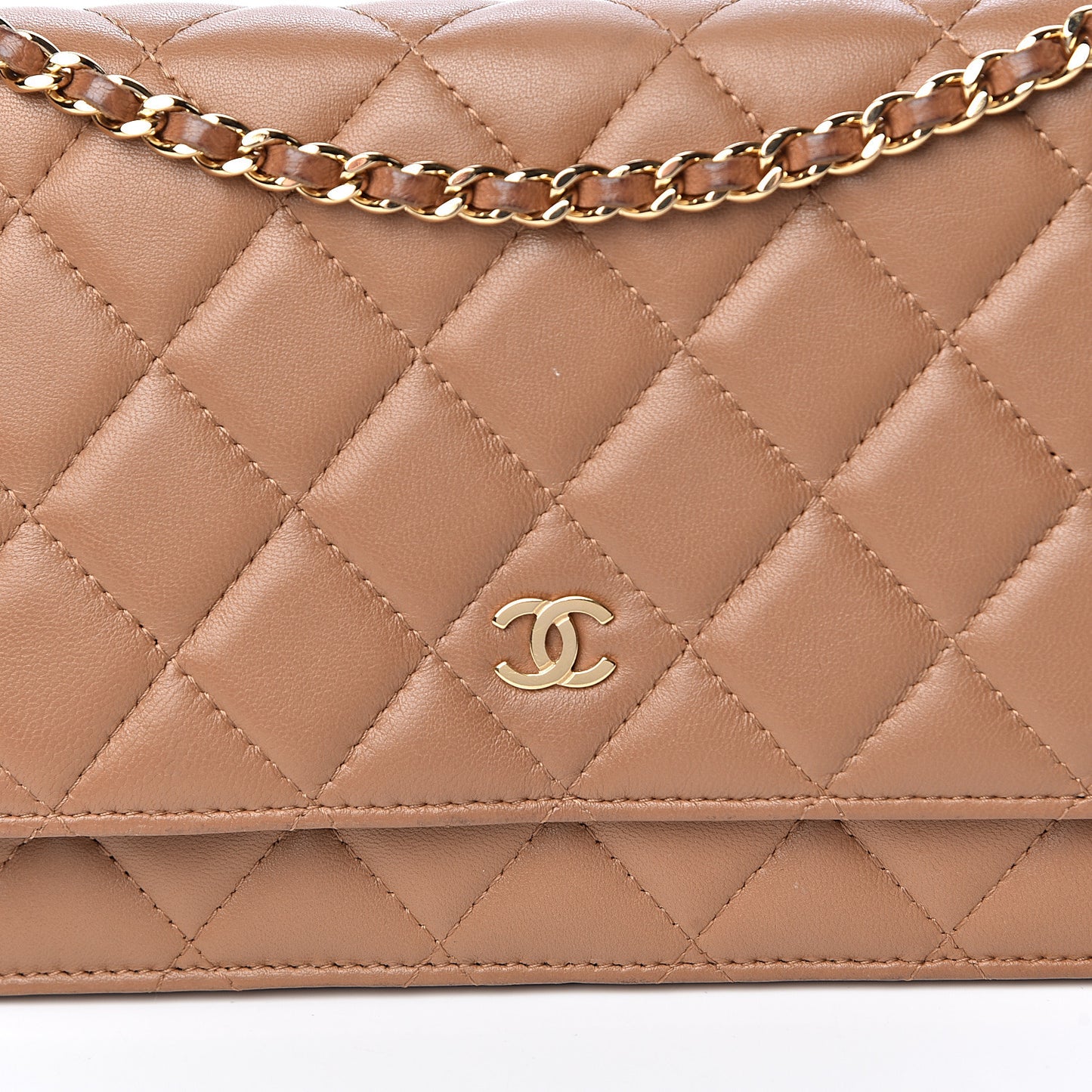 Lambskin Quilted Wallet on Chain WOC Dark Beige