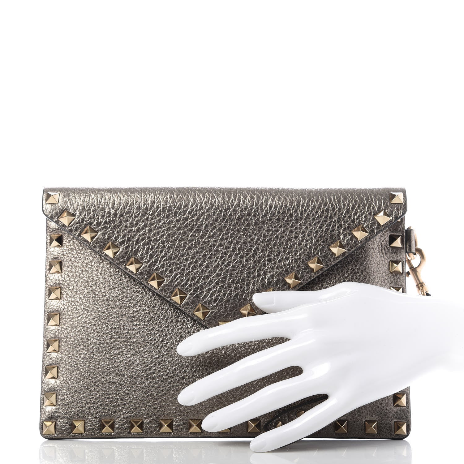 Valentino Garavani Metallic Pebbled Calfskin Medium Rockstud Envelope Flat Wristlet Pouch Sasso 2 of 7