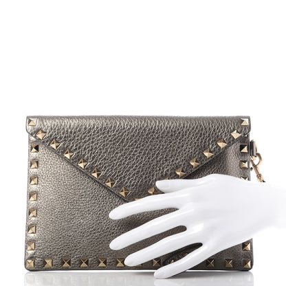 Valentino Garavani Metallic Pebbled Calfskin Medium Rockstud Envelope Flat Wristlet Pouch Sasso 2 of 7
