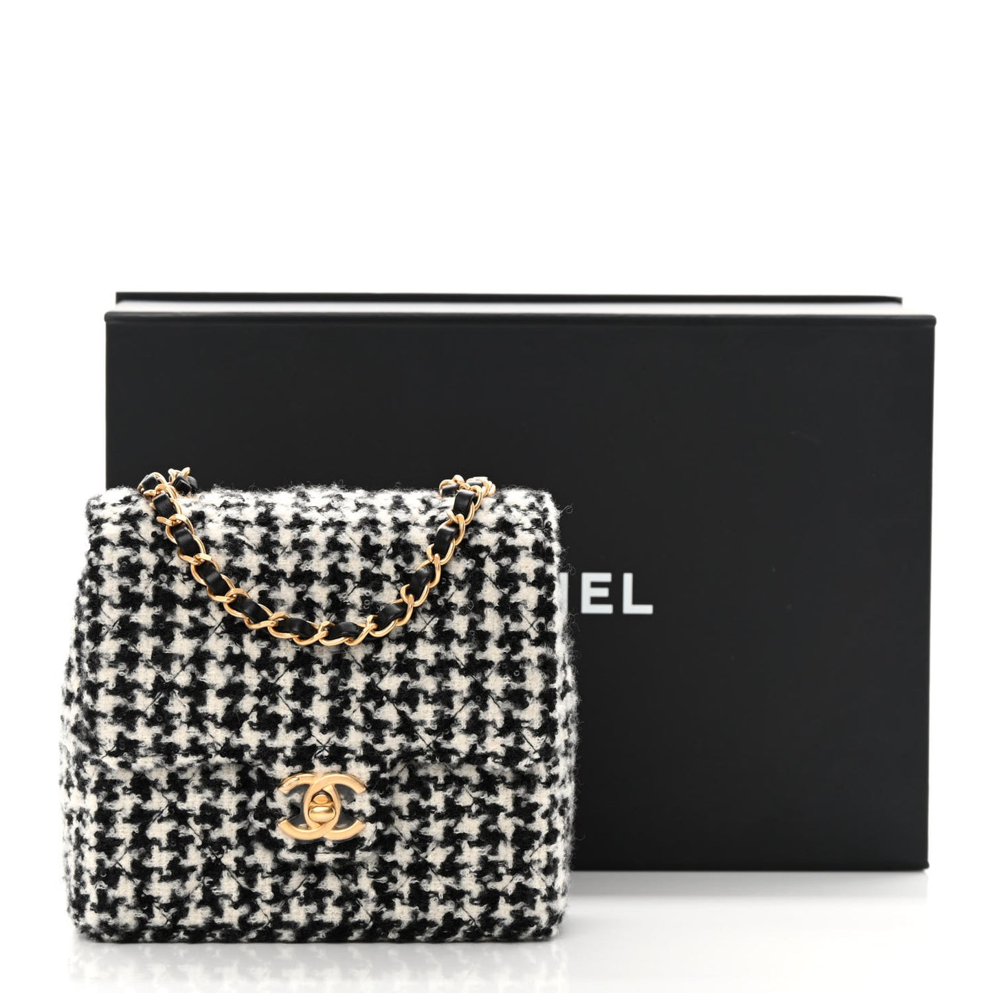 Tweed Houndstooth Quilted Mini Square Flap White Black