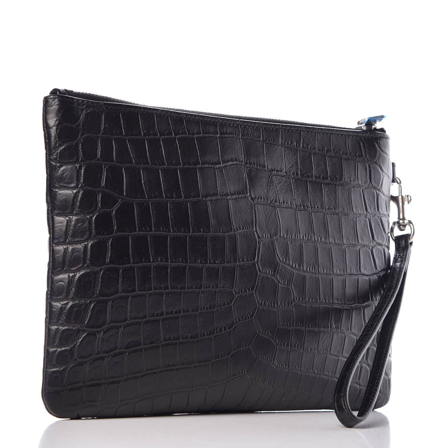 Saint Laurent Calfskin Crocodile Embossed Monogram Zip Pouch Black 3 of 9