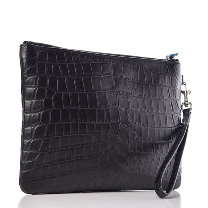Saint Laurent Calfskin Crocodile Embossed Monogram Zip Pouch Black 3 of 9