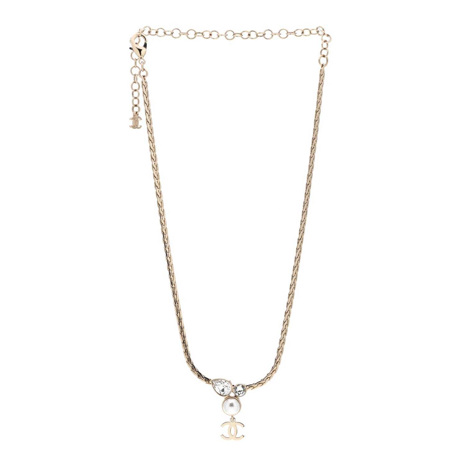 Chanel Pearl Crystal CC Teardrop Braided Necklace Gold 3 of 4