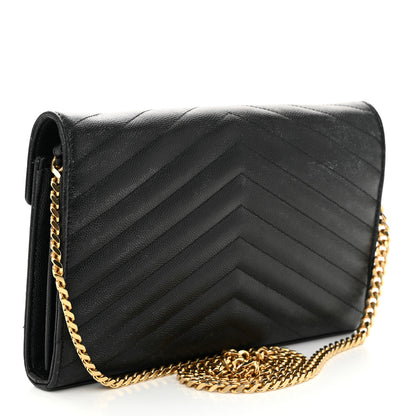 Saint Laurent Grain De Poudre Matelasse Chevron Monogram Chain Wallet Black 3 of 13