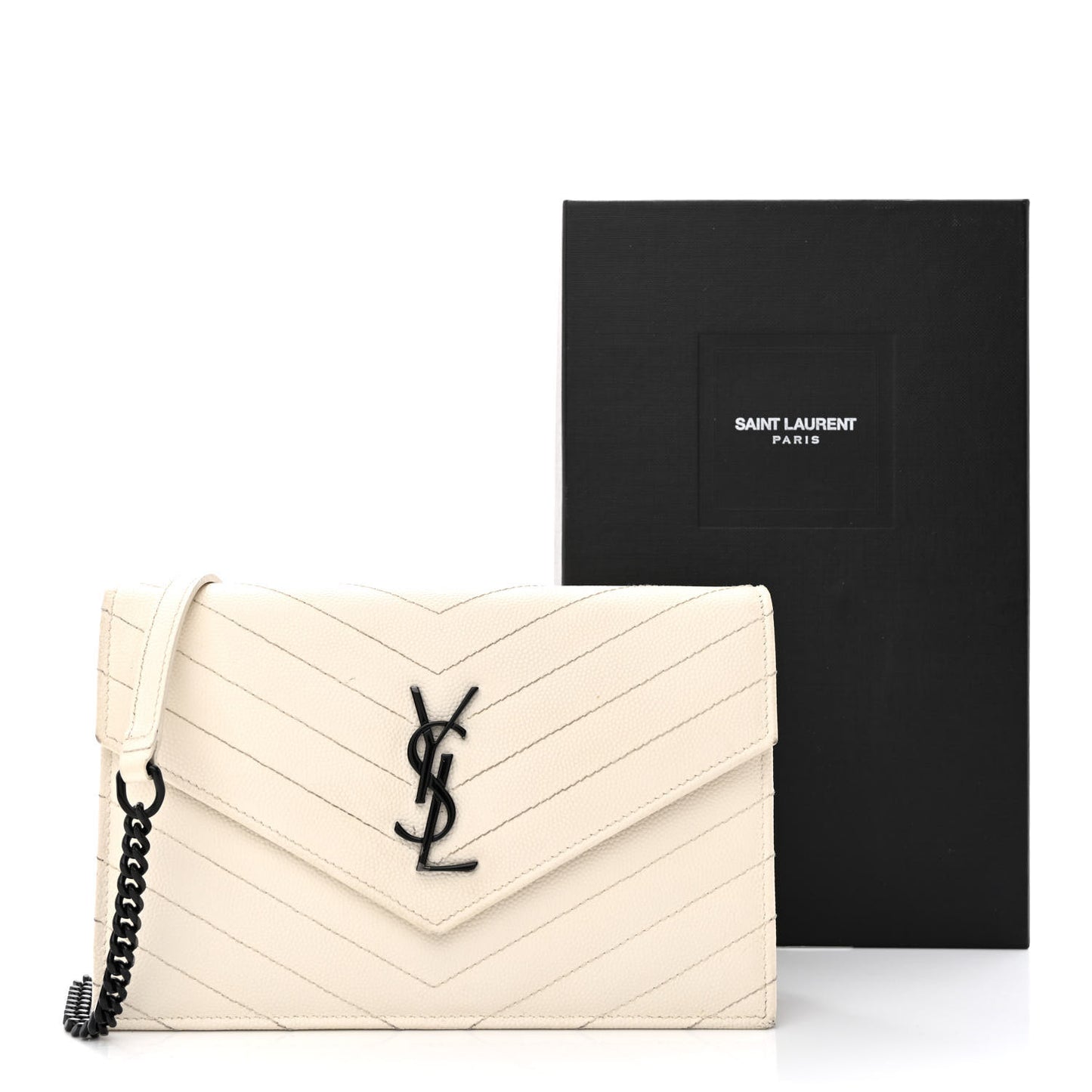 Grain De Poudre Matelasse Chevron Monogram Envelope Chain Wallet Dove White