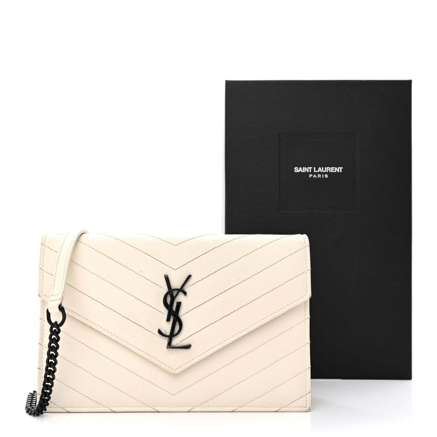 Saint Laurent Grain De Poudre Matelasse Chevron Monogram Envelope Chain Wallet Dove White 18 of 18