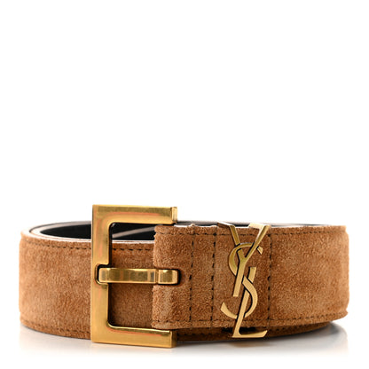 Saint Laurent Suede Monogram Square Buckle Belt 70 Tan Bronze 1 of 6