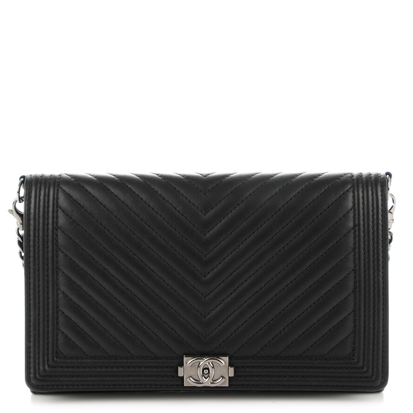Calfskin Chevron Quilted Boy Wallet On Removable Chain WOC Black