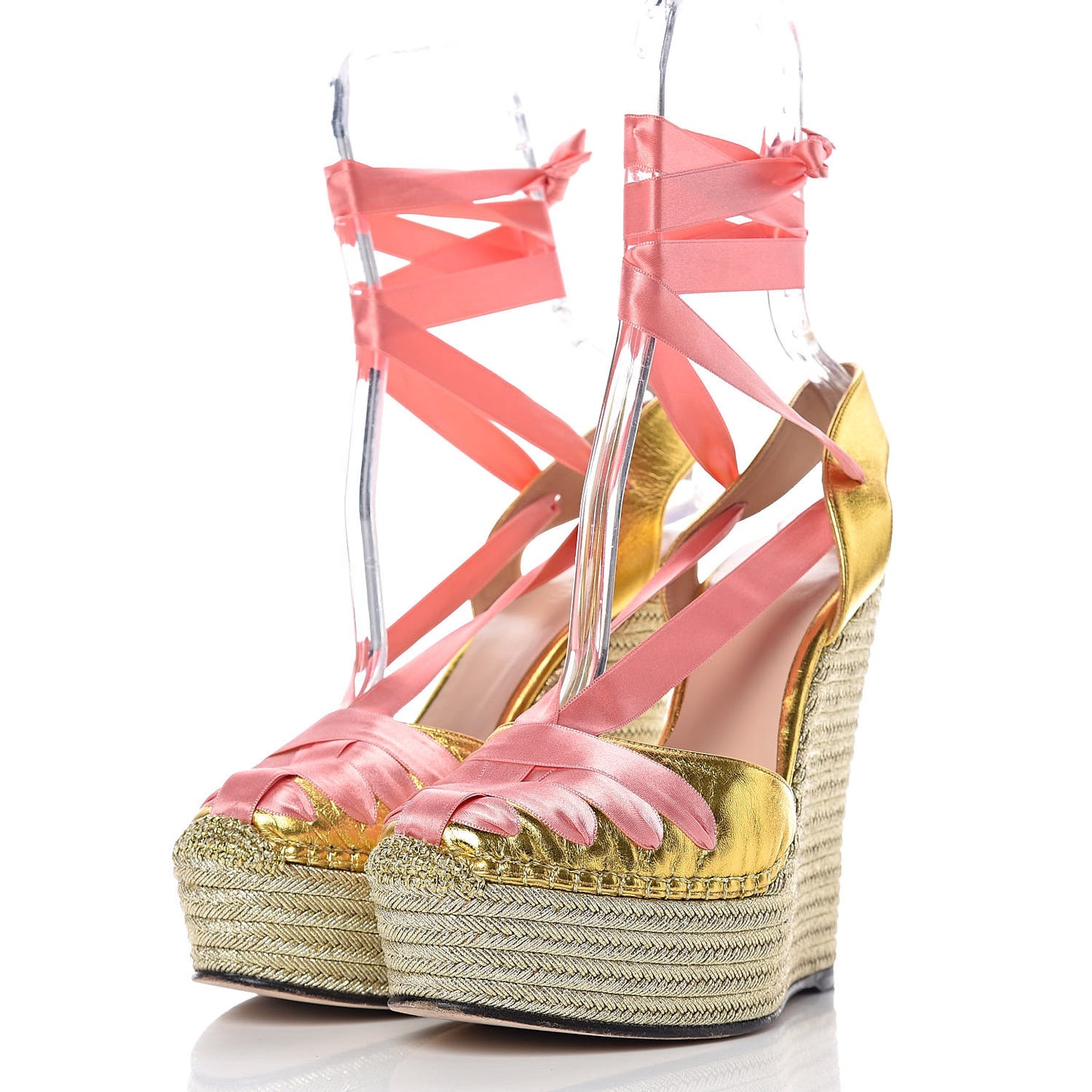 Nappa Satin Alexis Ankle Wrap Platform Espadrille Wedges 40 Yellow Pink