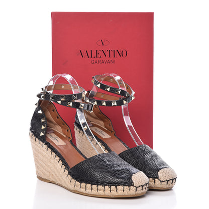 Valentino Garavani Grained Calfskin Rockstud Ankle Wrap Espadrille 15/85mm Wedges 39 Black Light Cuir 8 of 8