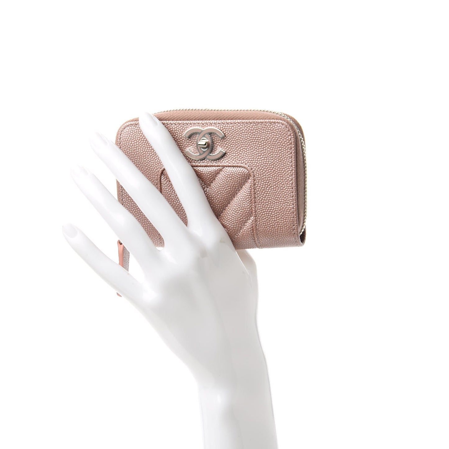 Metallic Caviar Chevron Quilted Vintage Mademoiselle Zip Coin Purse Pink