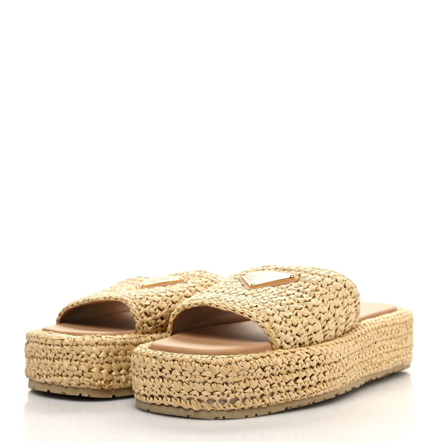 Raffia Metal Triangle Logo Woven Flatform 35mm Slide Sandals 37 Naturale