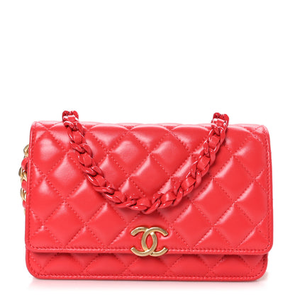 Chanel Lambskin Resin Quilted Wallet On Chain WOC Red 1 of 11