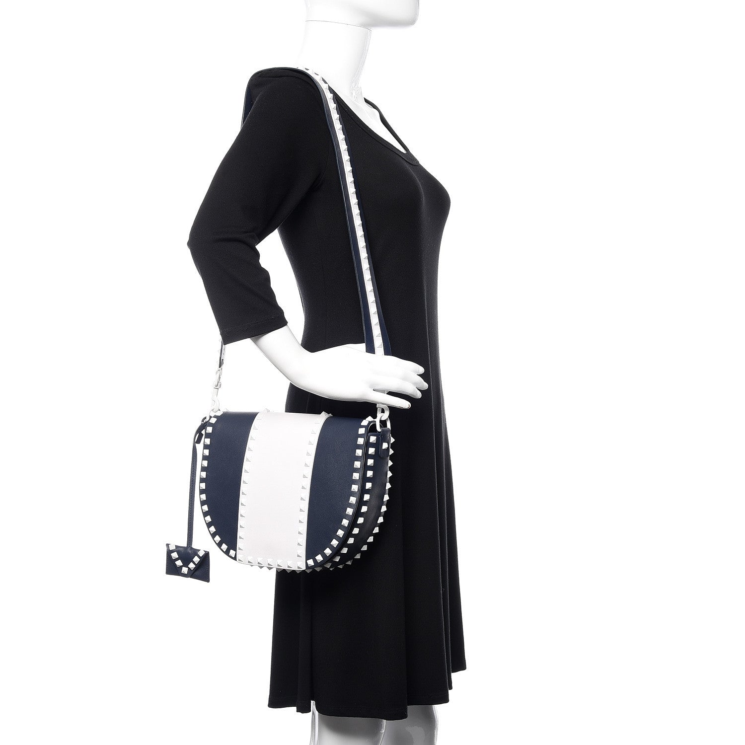 Valentino Garavani Vitello Colorblock Large Free Rockstud Halfmoon Saddle Bag Marine White 2 of 17
