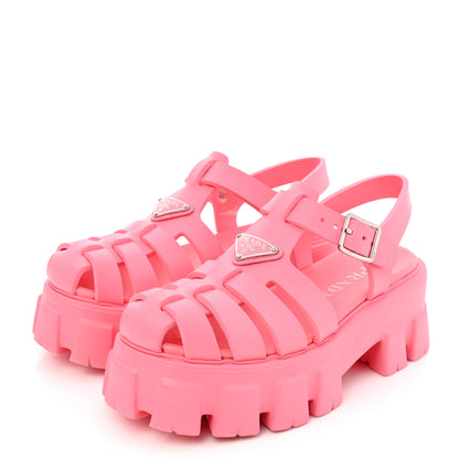 Prada Foam Rubber Metal Triangle Logo Monolith 55mm Cage Sandals 38 Begonia 3 of 9