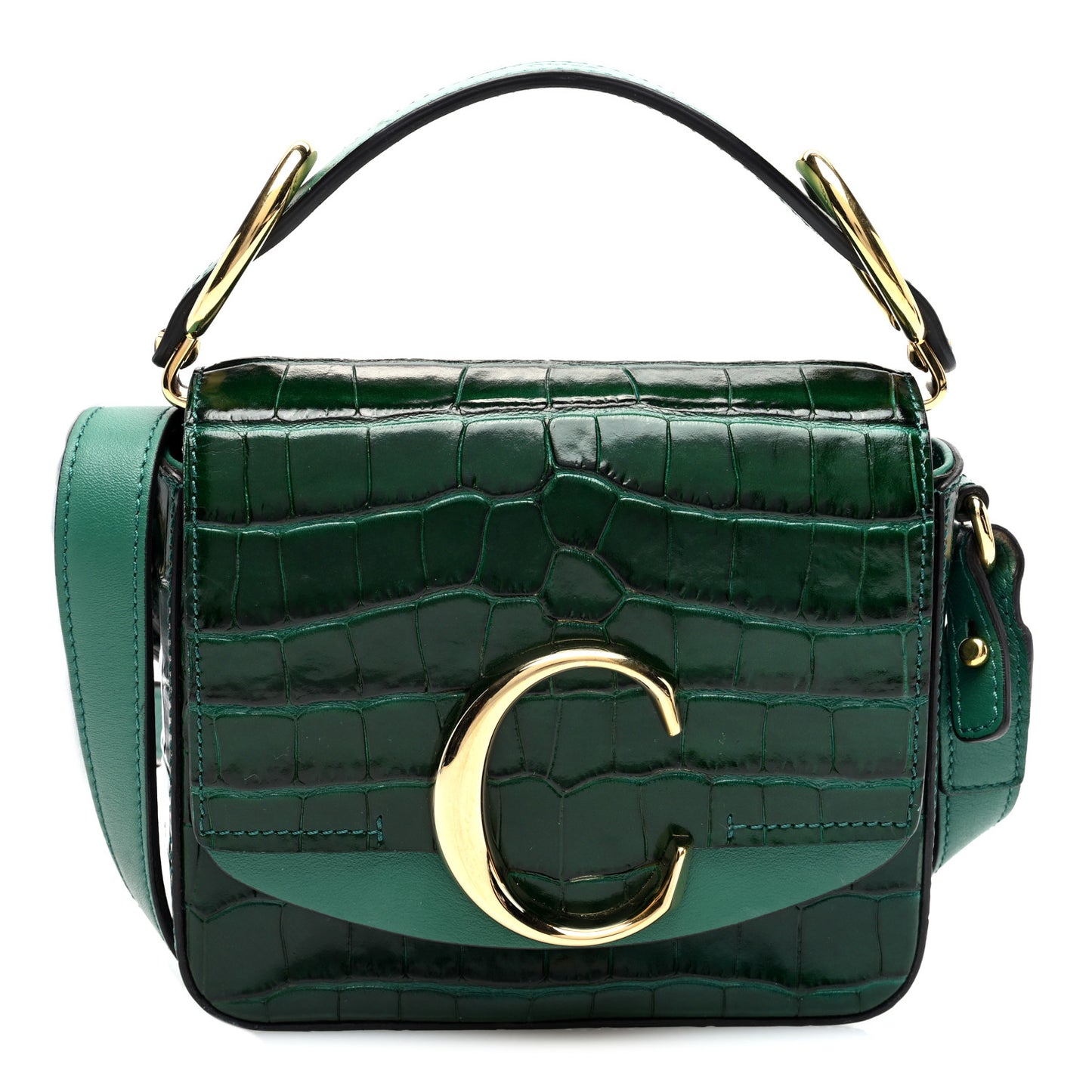 Calfskin Crocodile Embossed Mini C Double Carry Woodsy Green
