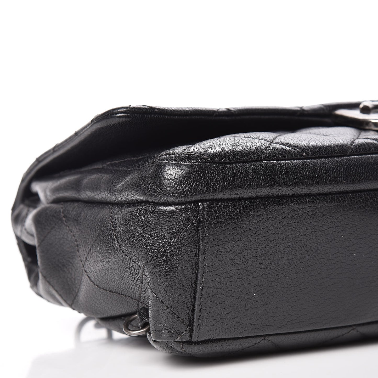 Shiny Goatskin Quilted Large Double Carry Waist Chain Flap Black