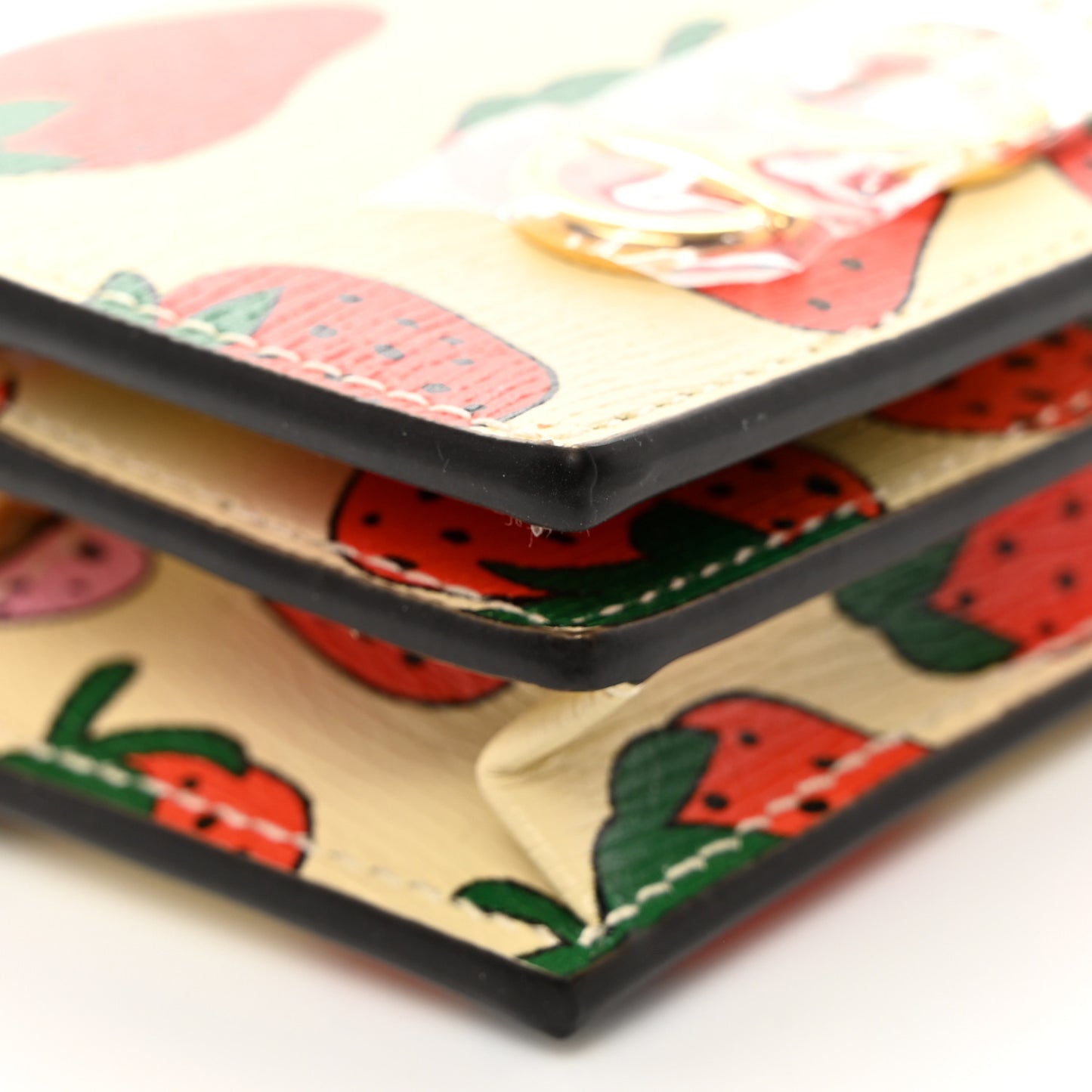 Calfskin Strawberry Print Zumi Chain Card Case Wallet Ivory Red