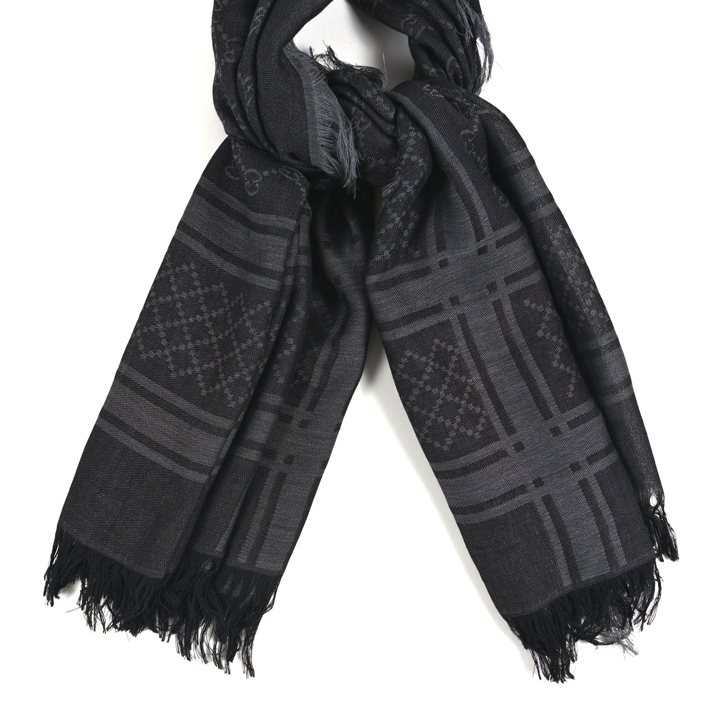 Wool Silk GG Monogram Diamante Plaid Surviee Shawl Graphite Black