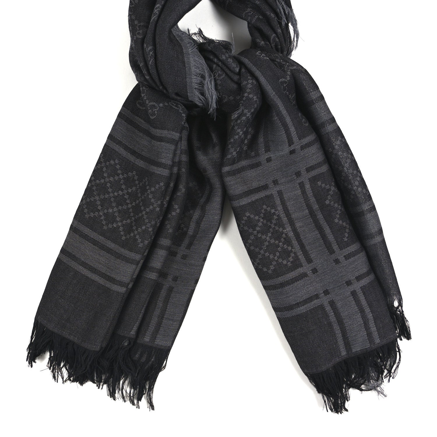 Gucci Wool Silk GG Monogram Diamante Plaid Surviee Shawl Graphite Black 4 of 8