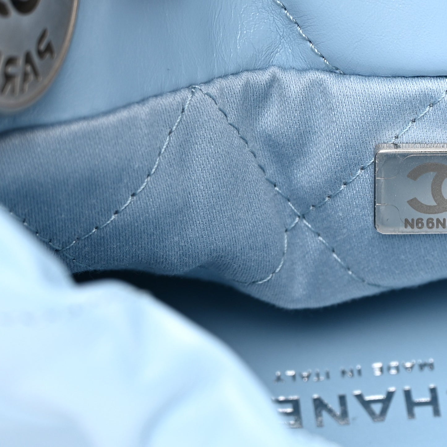 Shiny Calfskin Quilted Mini Chanel 22 Light Blue