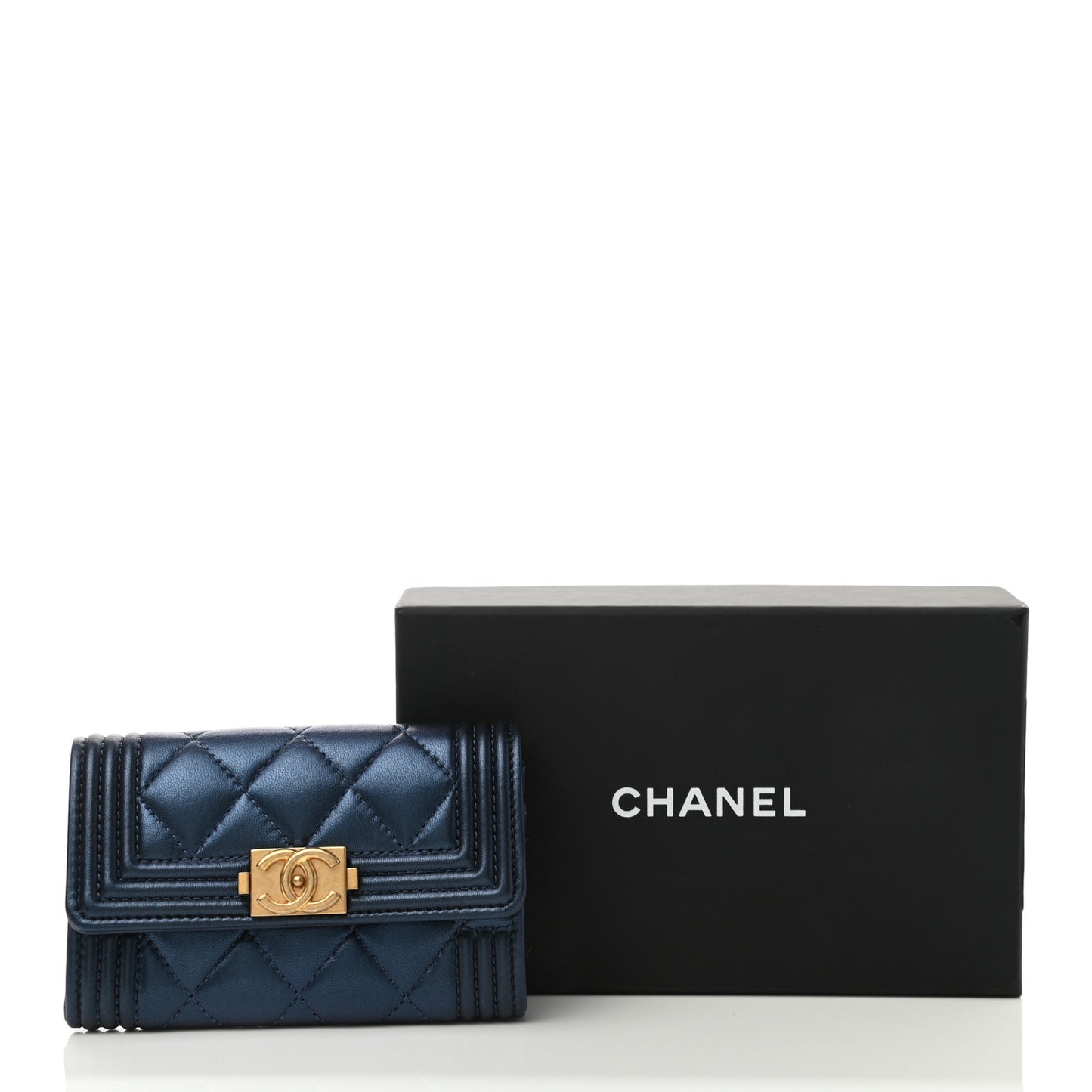 Metallic Lambskin Quilted Boy Flap Card Holder Blue