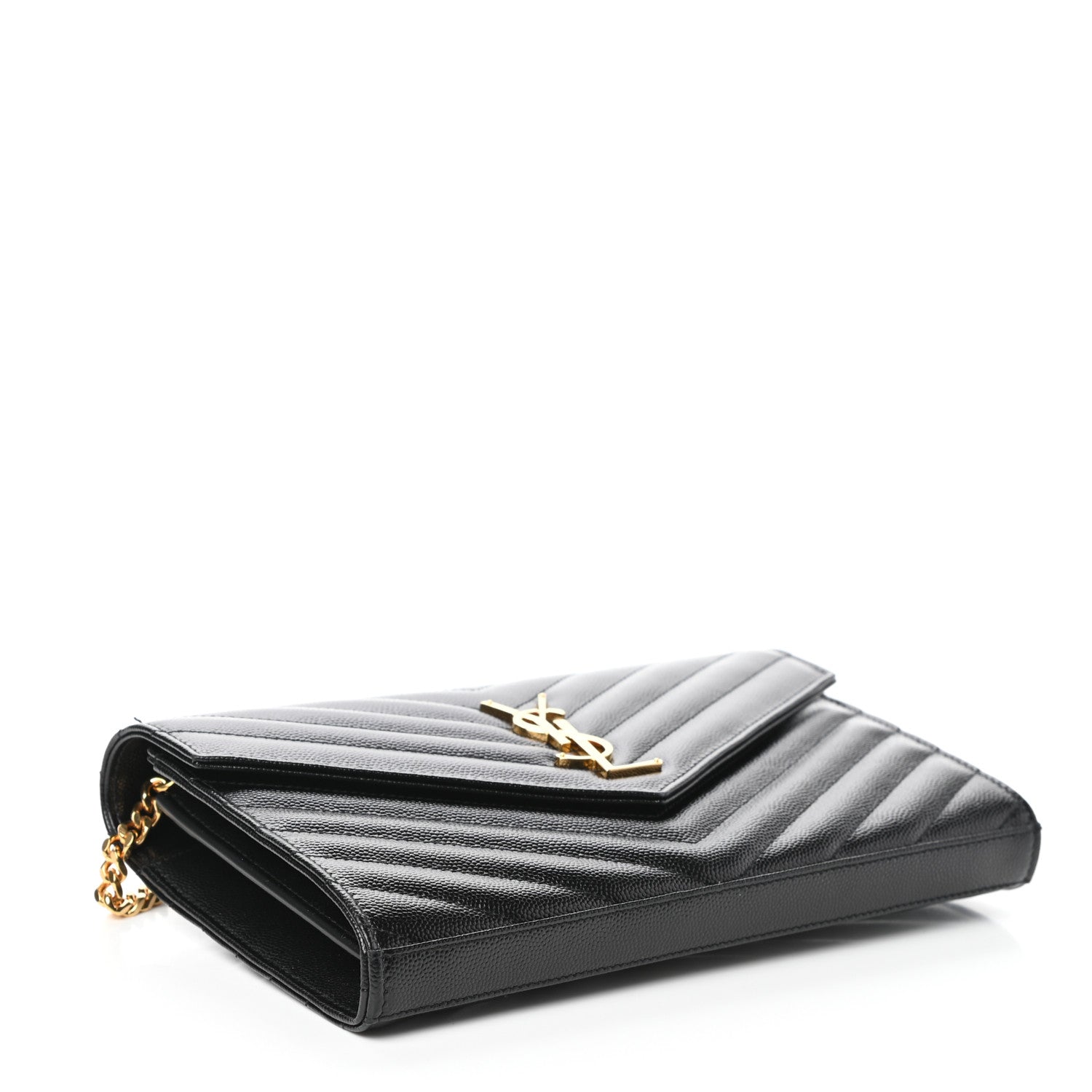 Saint Laurent Grain De Poudre Matelasse Chevron Monogram Chain Wallet Black 4 of 9
