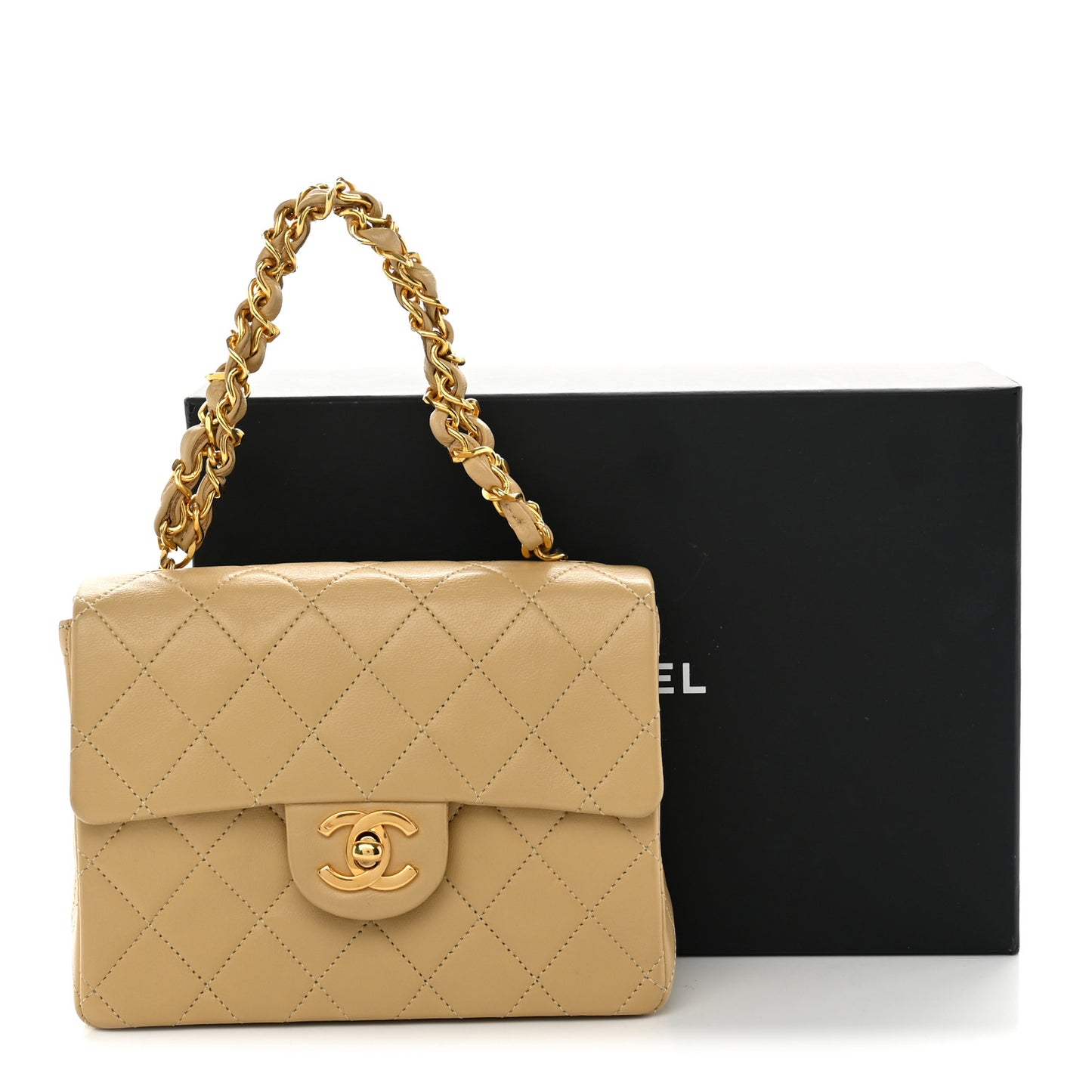 Lambskin Quilted Mini Square Flap Beige