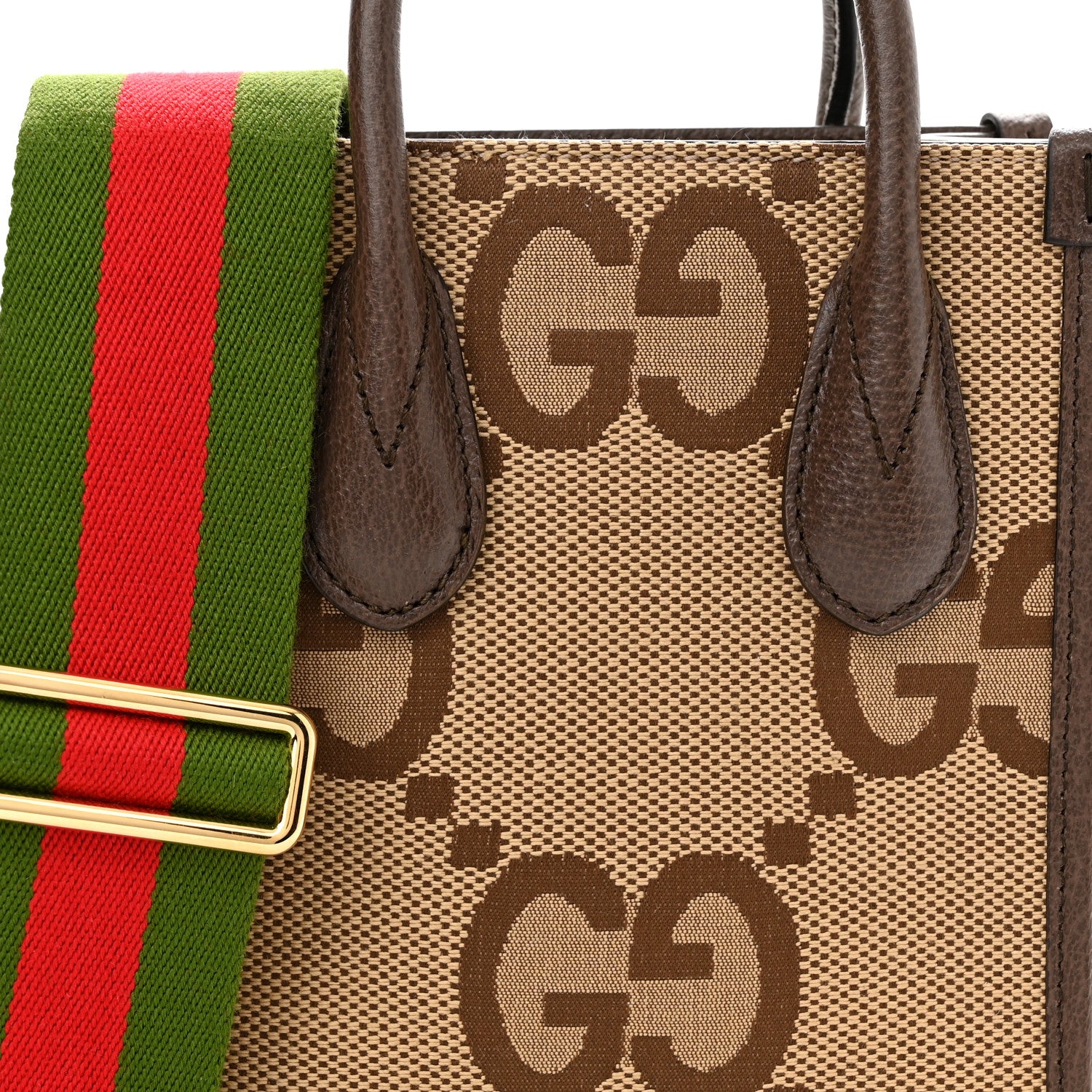 Gucci Monogram Jumbo GG Textured Dollar Calfskin Web Mini Vertical Tote Camel Ebony New Acero 7 of 9