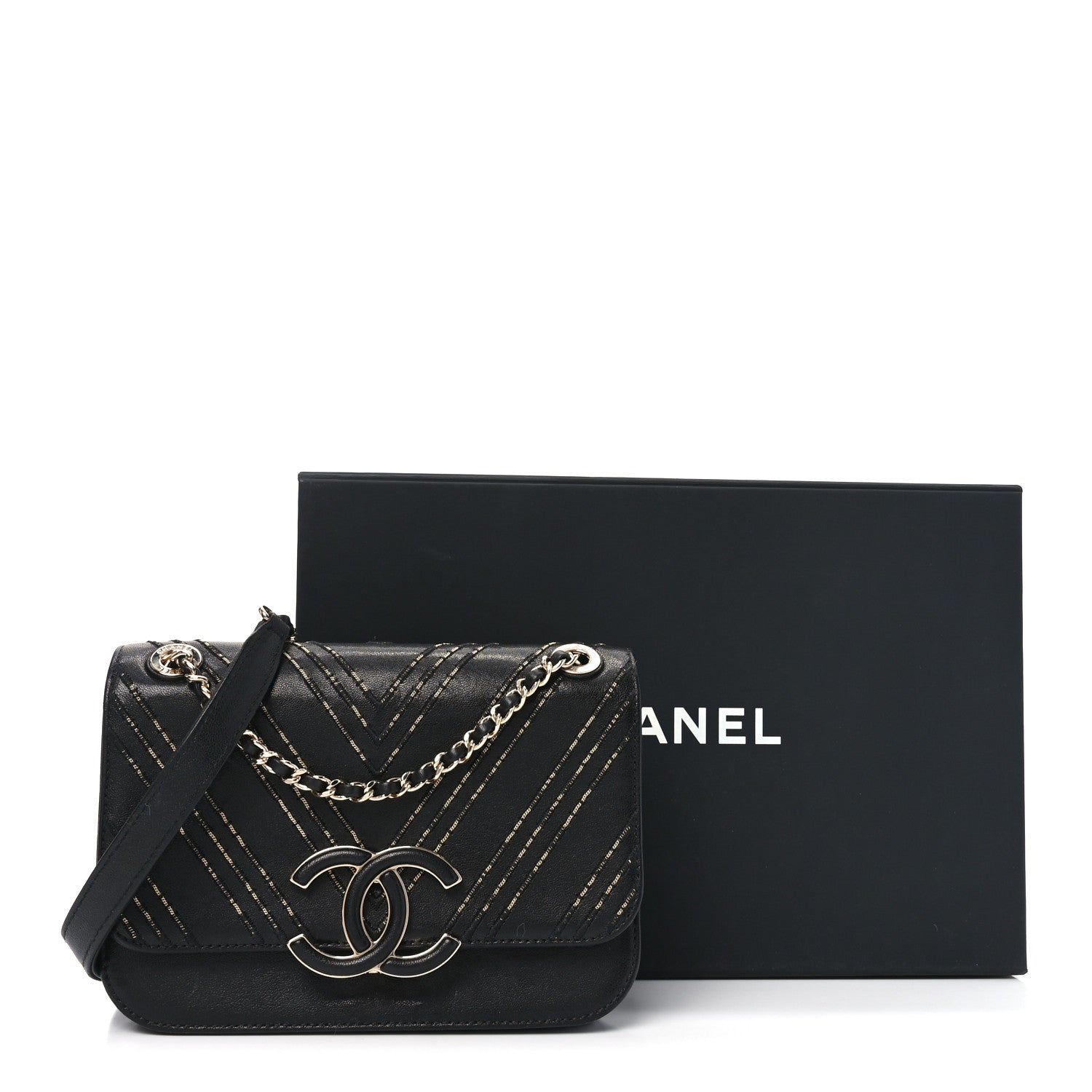 Chanel Calfskin Chevron Beaded Chain Mini Square Flap Black 11 of 11