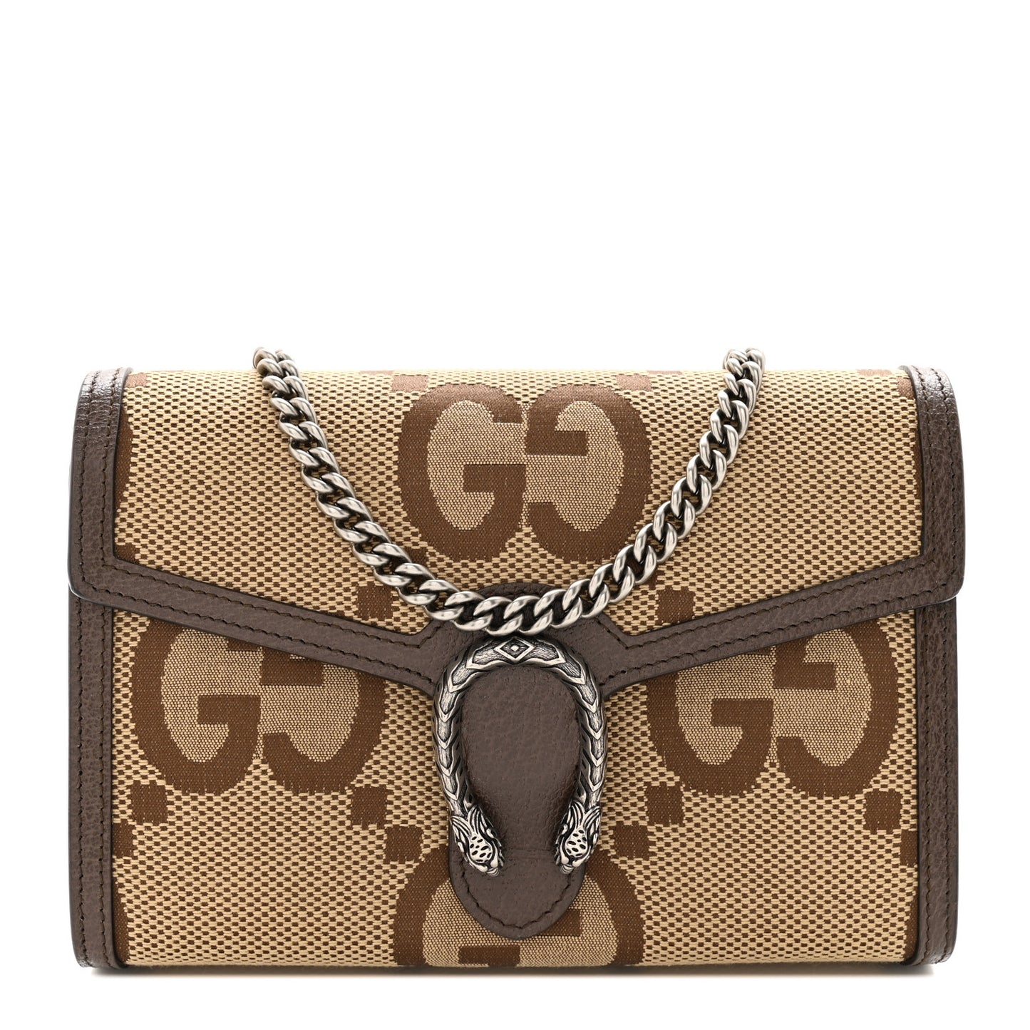 Monogram Jumbo GG Textured Dollar Calfskin Mini Dionysus Chain Wallet Camel Ebony New Acero