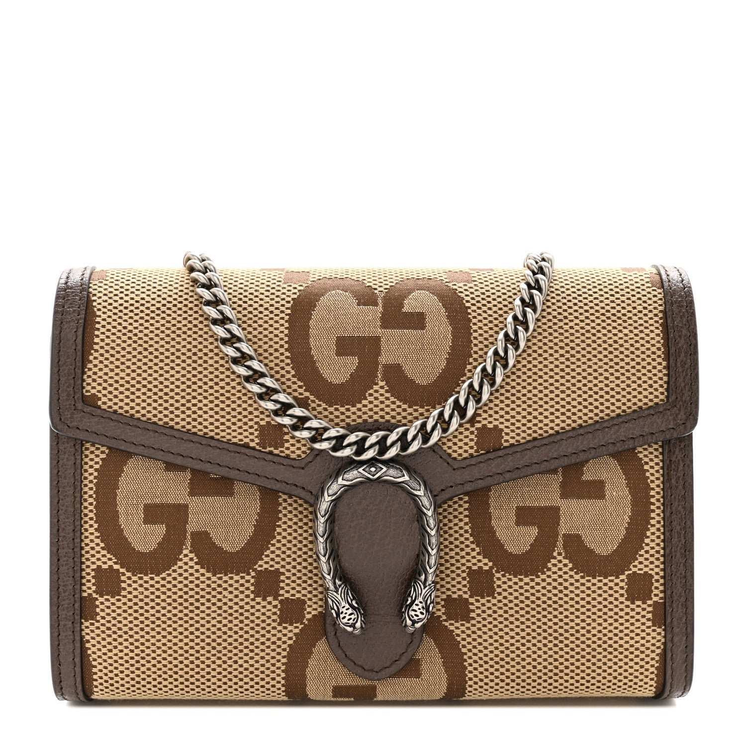 Gucci Monogram Jumbo GG Textured Dollar Calfskin Mini Dionysus Chain Wallet Camel Ebony New Acero 1 of 12