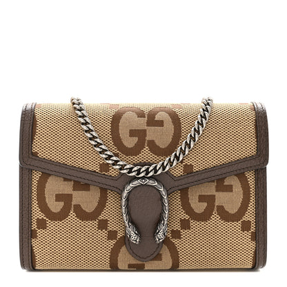 Gucci Monogram Jumbo GG Textured Dollar Calfskin Mini Dionysus Chain Wallet Camel Ebony New Acero 1 of 12