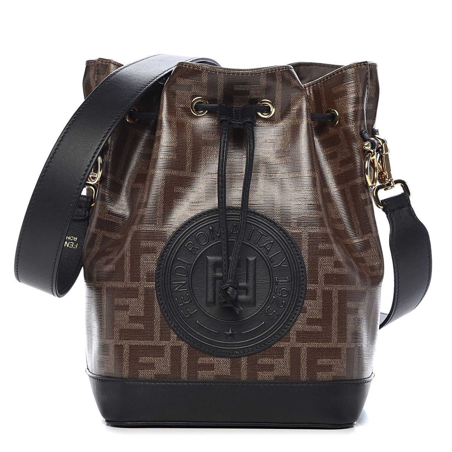 Glazed Fabric Vitello Grace F is Fendi FF 1974 Stamp Patch Grande Mon Tresor Bucket Bag Mogano Panna Black