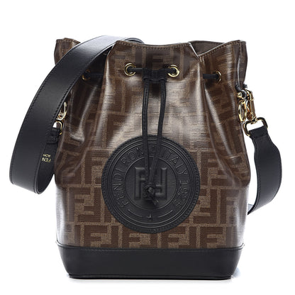 Fendi Glazed Fabric Vitello Grace F is Fendi FF 1974 Stamp Patch Grande Mon Tresor Bucket Bag Mogano Panna Black 1 of 11