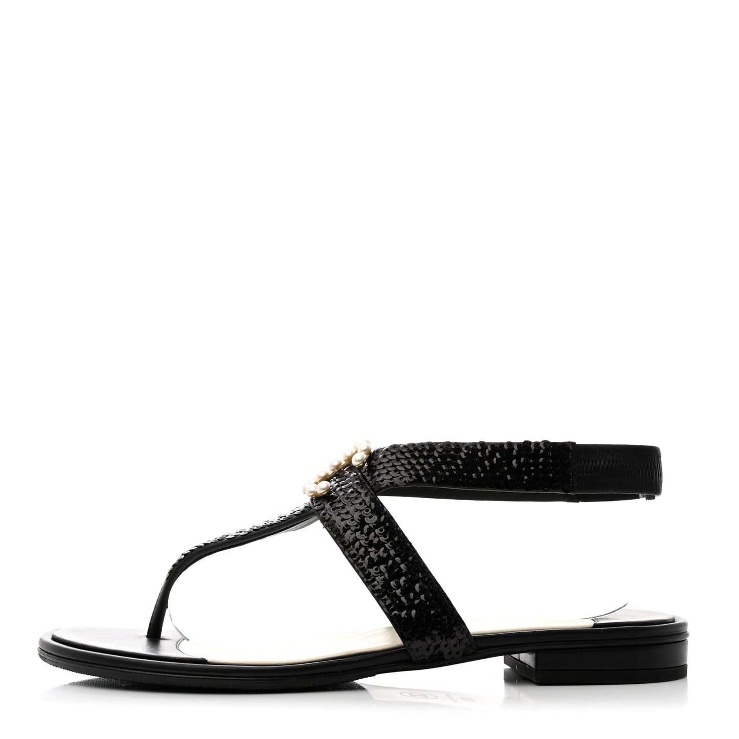 Lambskin Sequin Pearl CC Thong Sandals 38.5 Black