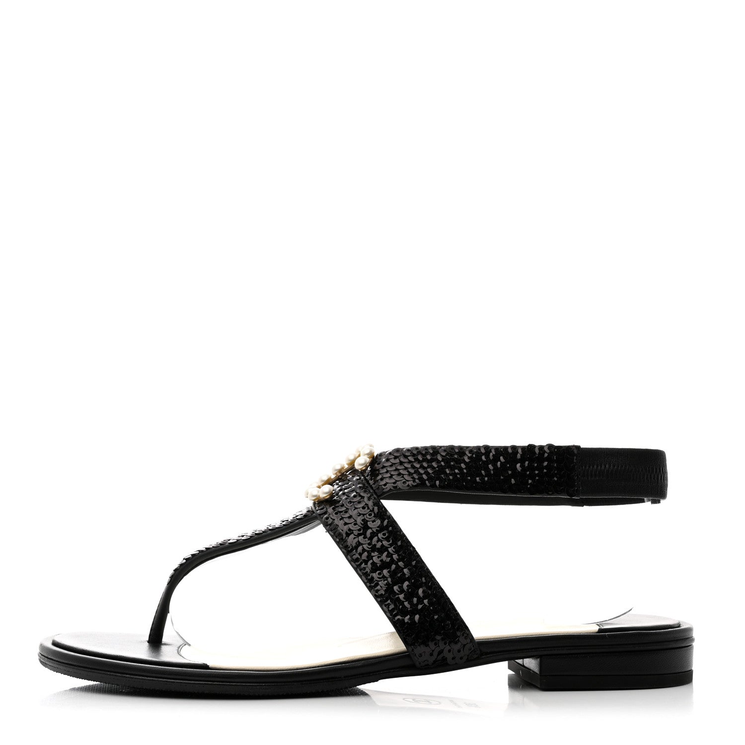 Chanel Lambskin Sequin Pearl CC Thong Sandals 38.5 Black 1 of 8
