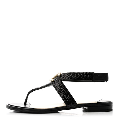 Chanel Lambskin Sequin Pearl CC Thong Sandals 38.5 Black 1 of 8