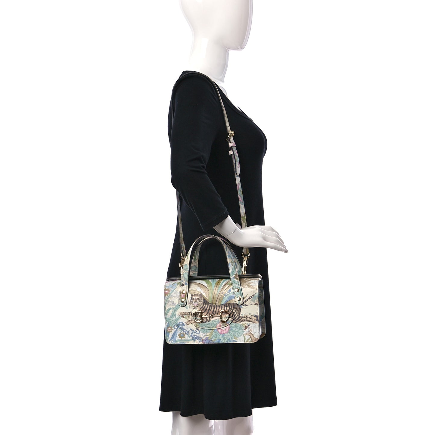New Shangai Calfskin Tiger Savanah Mini Horsebit 1955 Foldover Top Handle Bag Chalky White Multicolor